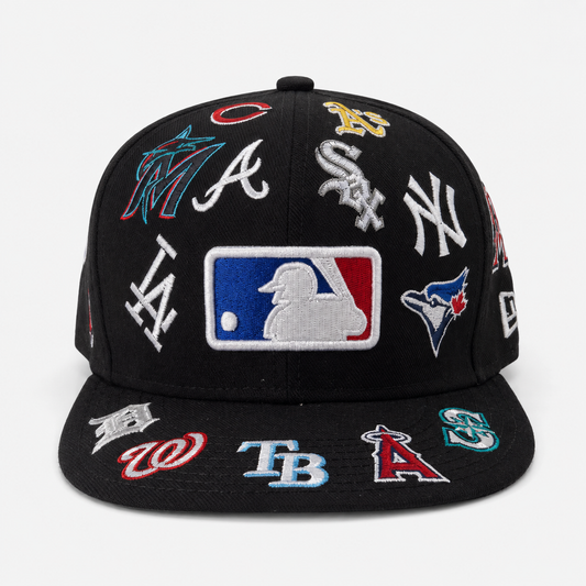 Men's New Era Black MLB Allover Team Logo 59FIFTY Fitted Hat